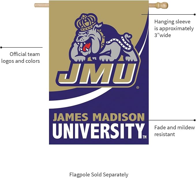 Team Sports America NCAA James Madison University House Flag, 28 x 44, Double Sided Garden Flags for Outside, Outdoor College Flags & Banners for Garden Patio, Indoor Wall Decor Flag for Room