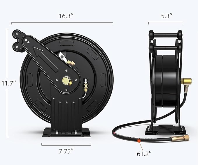 50FT x 3/8"Retractable Pressure Washer Hose Reel, Heavy Duty Steel Professional Power Wash Hose Reel with 5 ft Lead ，4000 PSI ，for Oil/Air/Water