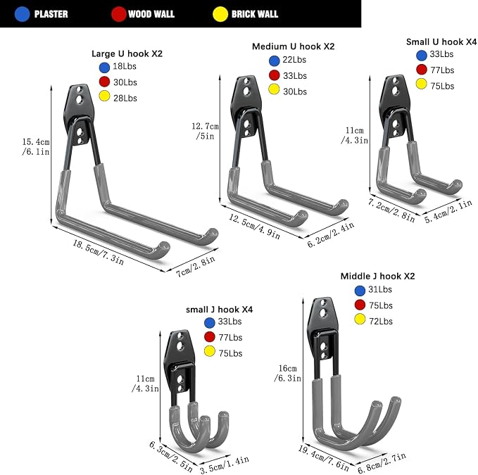 3-H Heavy Duty Garage Hooks, 14 Pack Wall Storage Organizer,Gray