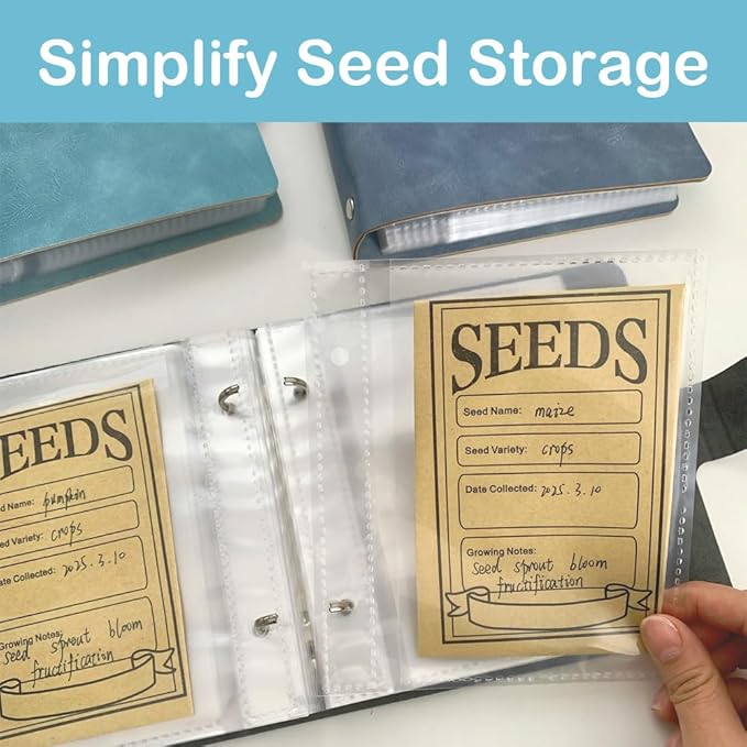 Seed Storage Organizer Binder, PU Seed Packet Organizer with 50 Clear Pockets(25 Pack Sheet Sleeves) and 50 Pack Seed Envelopes, Garden Seed Holder Book, Flower Plant Seed Keeper Blue