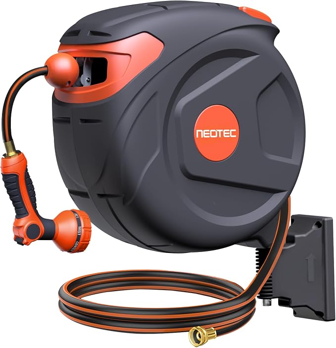 New Retractable Garden Water Hose 65ft 5/8 inch, Wall Mounted Hose Reel with Automatic Rewind System, Any-Length Lock & Spray Nozzle for Efficient Yard Work