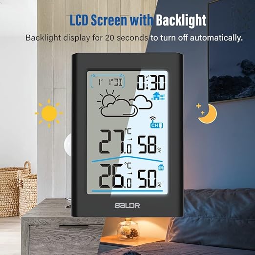 BALDR Indoor Outdoor Thermometer Wireless, Battery Powered Weather Station Indoor Outdoor with Clock, Portable Outside Temperature Monitor for Home Patio