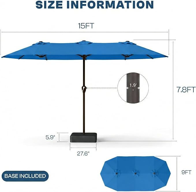 15FT Large Patio Umbrella with Base Included, Double Sided Outdoor Market Umbrella with Flexible Fiberglass Ribs, UV-Blocking Extra Large Umbrella for Garden, Pool, Deck, Royal Blue