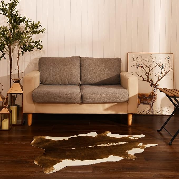 BENRON Small Faux Cowhide Rug, Cow Print Rug for Kitchen Hallyway 2.3x3.6ft | Western cow hide rug for Home Decor, Washable Rugs with Irregular Animal Skins and Hides, Non Slip, Khaki Brown