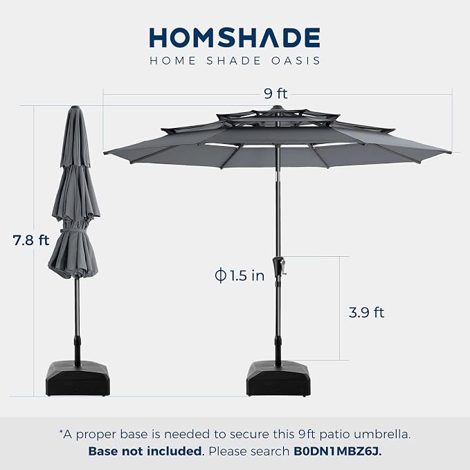 HOMSHADE 9FT 3-Tiers Outdoor Patio Umbrella with 5-Year Fade Resistant,Vented Outdoor Commercial Market Umbrella with UPF50+ UV Protection & Push Button Tilt and Crank for Pool,Backyard(Grey)