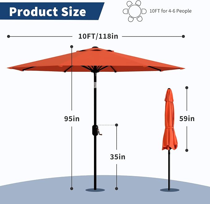 Garvee 10FT Patio Umbrella - Outdoor Table Umbrella with Smooth Crank Lift, Push Button Tilt and 8 Sturdy Ribs - Market Umbrella UV Protection Waterproof for Pool, Deck, Yard, Garden
