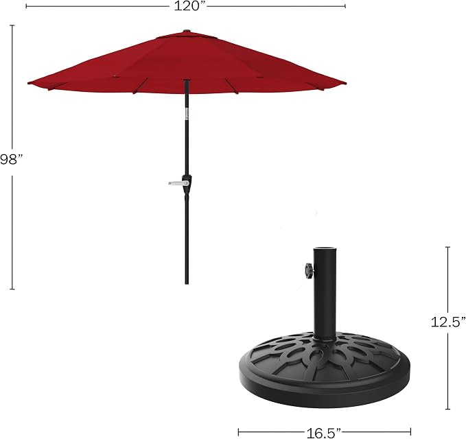 Pure Garden Patio Umbrella with Auto Tilt 10ft Easy Crank Sun Shade with 19lb Weighted Base for Deck, Outdoor Furniture, or Pool (Red)