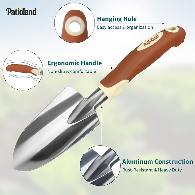 4-Piece Brown Garden Tools Set, Patioland Ergonomic Gardening Hand Tools w/Trowel,Cultivator Rake,Pruning Shear & Gloves for Digging Weeding,Yard Tool Gift for Women Men Grandma Gardener Plant Lovers