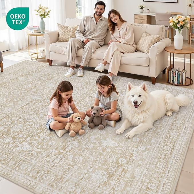 6x9 Area Rugs Living Room: Bedroom Washable Carpet Natural Beige | Large Vintage Boho Indoor Decor Carpets Soft Nursery Farmhouse Dining Room Office Floor Non-Slip Low Pile Under Table Rug