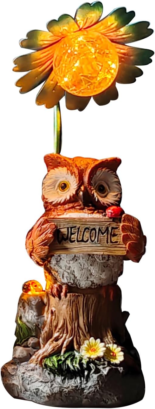COWOS Solar Powered Owl Garden Statue with Glowing Flower Light, Hand-Painted Resin Figurine for Outdoor Patio, Yard, Lawn Decor, Gift for Nature Lovers