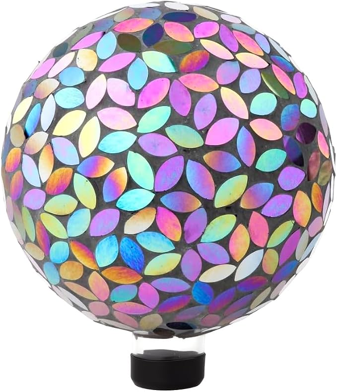 Lily's Home Colorful Mosaic Glass Gazing Ball, Designed with a Stunning Holographic Petal Mosaic Pattern to Bring Color and Reflection to Any Home and Garden, Leaves (10" Diameter)