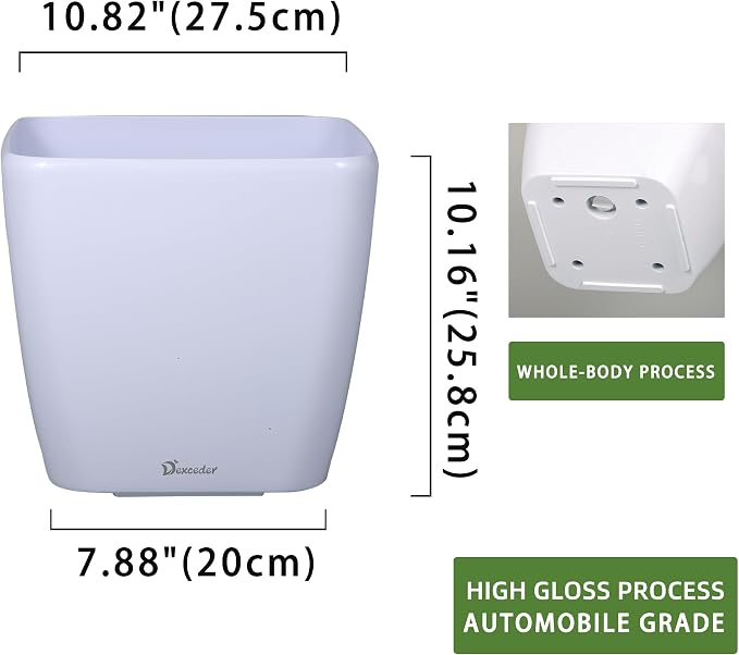 Dexceder 11x10 Self Watering Planter (White High Gloss) | Inner Mat Design, Thickened Table Flower Plant Pot with Water Level Indicator Indoor Outdoor