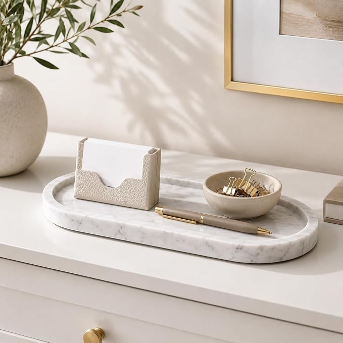 Natural Marble Vanity Tray Waterproof Italy Stone Bathroom Organizer for Perfume, Candles & Jewelry Non-Slip Oval Storage Tray for Spa, Bedroom, Kitchen 9.8" x 4.5" White (BH101)