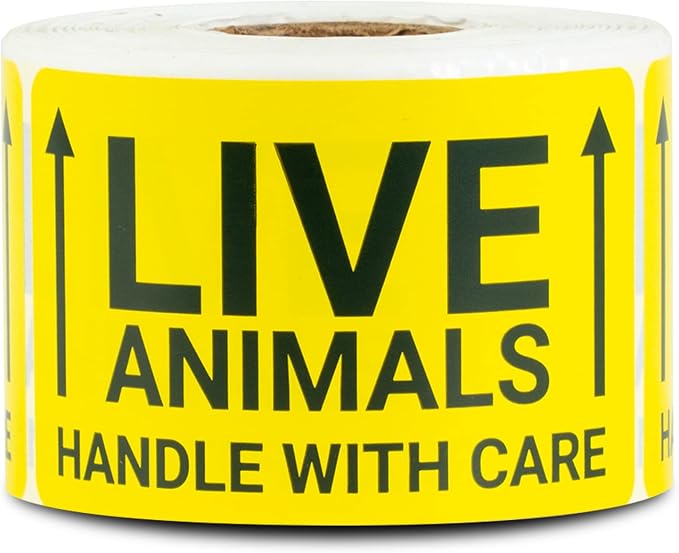 Live Animal Labels (3 x 2 Inch, Yellow - 300 Labels) Animal Care Stickers - Handle with Care for Shipping & Handling Instructions, Shipping Live Animals & Airline Cargo Crates