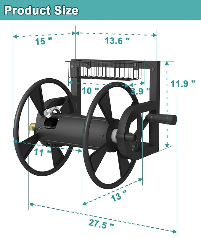 Artigarden Garden Wall Mounted Hose Reel, Outdoor Heavy-Duty Water Hose Holder Winder, Holds 125 Feet of 5/8-Inch Hose, with 3.9 ft Leader Hose, Water Fitting and Storage Basket for Yard, Black
