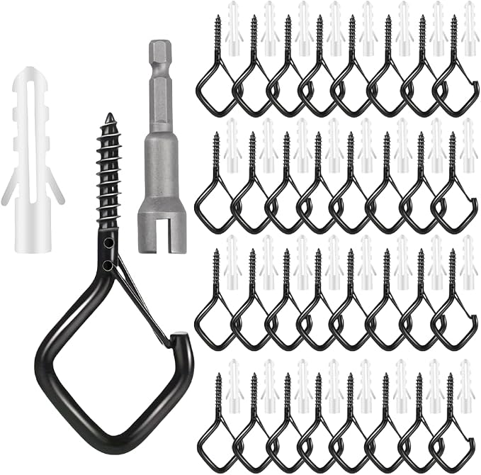 32-Pack Heavy-Duty Black Screw Eye Hooks with Safety Clips | Metal Ceiling Hooks for Hanging Plants, Wind Chimes, Bird Feeders & Indoor/Outdoor Lights