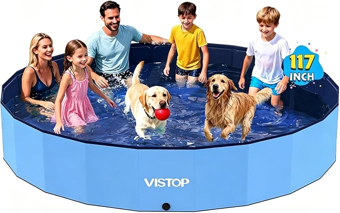 VISTOP Jumbo Foldable Dog Pool, Hard Plastic Shell Portable Swimming Pool for Dogs Cats and Kids Pet Puppy Bathing Tub Collapsible Kiddie Pool (117inch.D x 15.7inch.H, Blue)