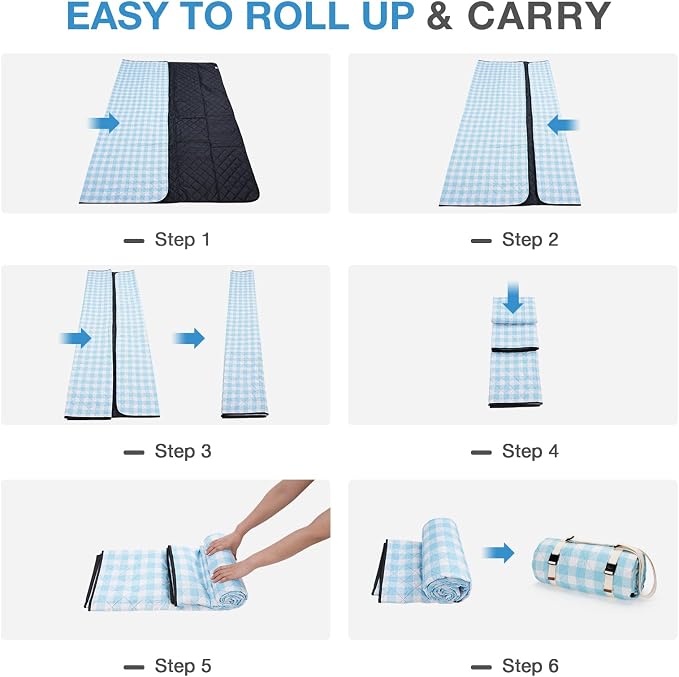 WILLOW WEAVE Picnic Blanket, 80''x80'' Waterproof Outdoor Blankets, Picnic Mat Washable for Beach, Picnic Blankets for Camping on Grass with Shoulder Strap - Blue & White