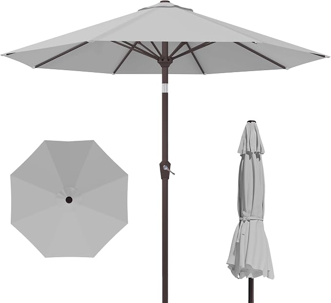 Kingdura 10FT Outdoor Patio Umbrella, Round Market Table Umbrella with Push‑Button Tilt and Crank Lift, 8 Sturdy Metal Ribs, UV50+ Protection Canopy for Backyard, Lawn, Deck, Poolside, Garden (Light grey)