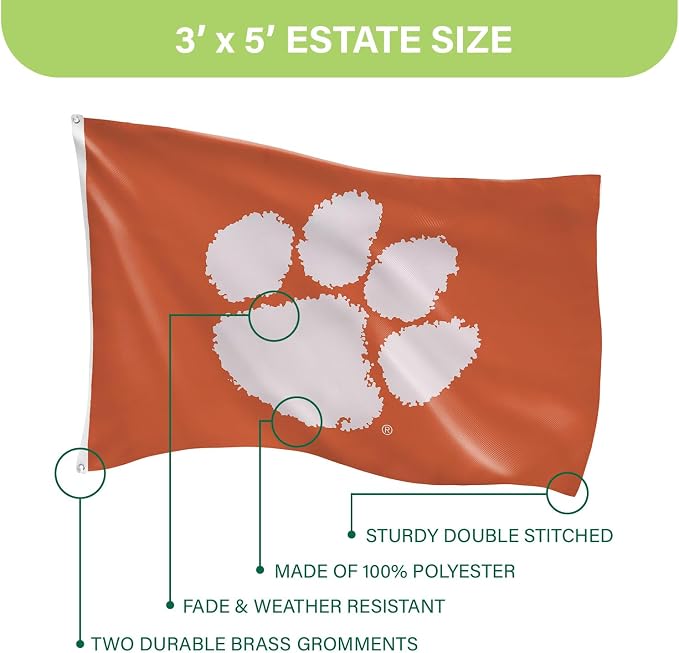 NCAA Clemson University Flag with Grommets, 3'x5' Clemson Tigers Outdoor College Flags & Banners for Garden Patio Indoor Wall Décor