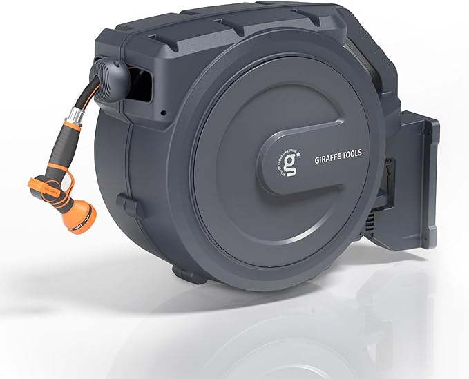 Giraffe Tools Retractable Garden Hose Reel, 5/8" x 62 ft Wall Mounted Hose Reels with 180° Swivel Bracket, Any Length Lock Hose Reel with 9- Function Sprayer Nozzle