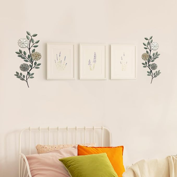 2 Pcs Metal Flower Leaves Wall Art Spring Wall Decor Living Room, 15.75 Inch Vintage Rustic Branch Leaf Wrought Iron Scroll Art Decor for Summer Bedroom Indoor Outdoor Decorations(Green)