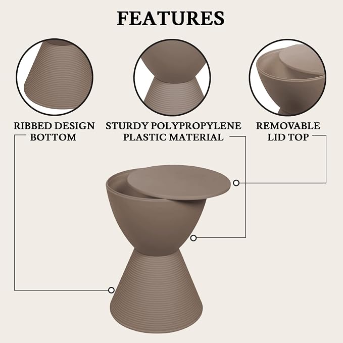LeisureMod Modern Hourglass Taupe Side Table - ABS Shell Drum End Table with Storage for Indoor & Outdoor Use