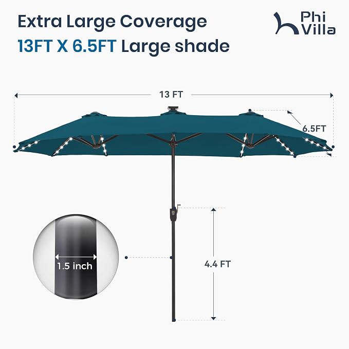 PHI VILLA 13ft Patio Umbrella with Solar-Powered 120 PCS LED Color-Changing Lights, Triple-Head Large Rectangle Umbrella Outdoor Patio for Table with Crank Lift,Cyan(No Base)