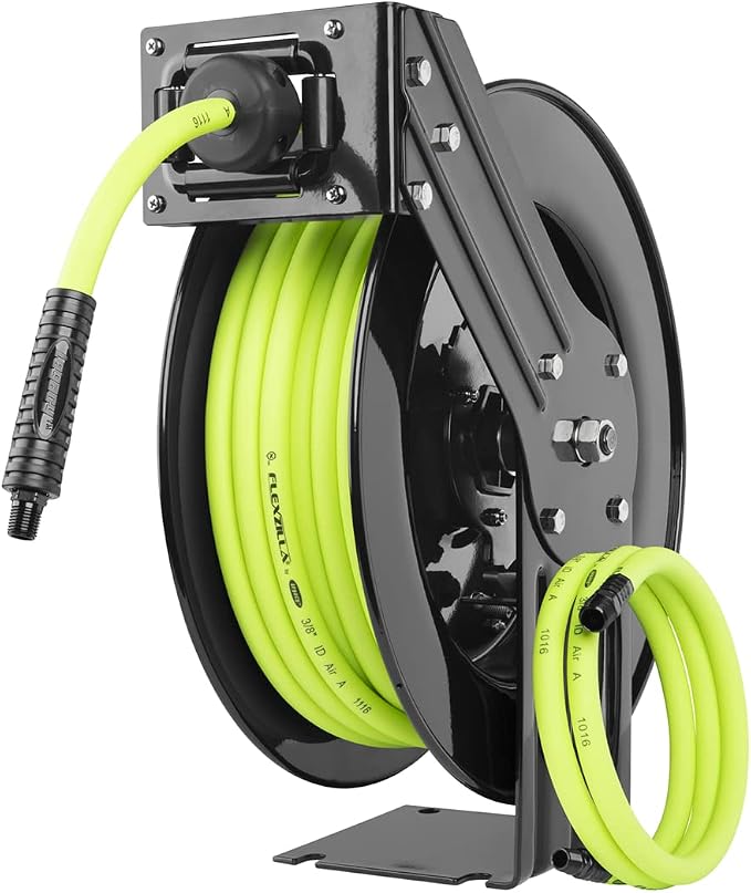 Flexzilla Open Face Retractable Air Hose Reel, 3/8 in. x 50 ft., Heavy Duty, ZillaGreen - L8611FZ & Air Hose, 3/8 in. x 50 ft., 1/4 in. MNPT Fittings, Heavy Duty, Lightweight, Hybrid, ZillaGreen