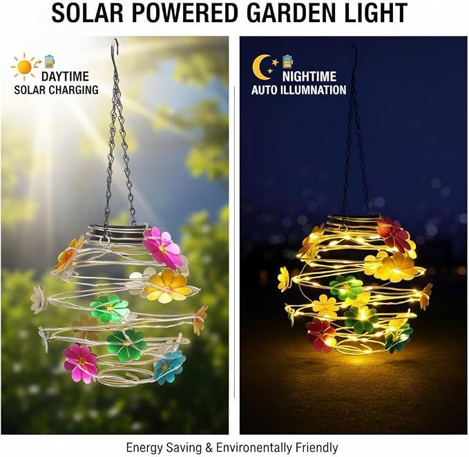 2 Pack Solar Lanterns Outdoor Waterproof , 30LEDs Hanging Solar Lights with Flower for Garden Patio Yard Decor, Gift for Grandma Gardeners Women
