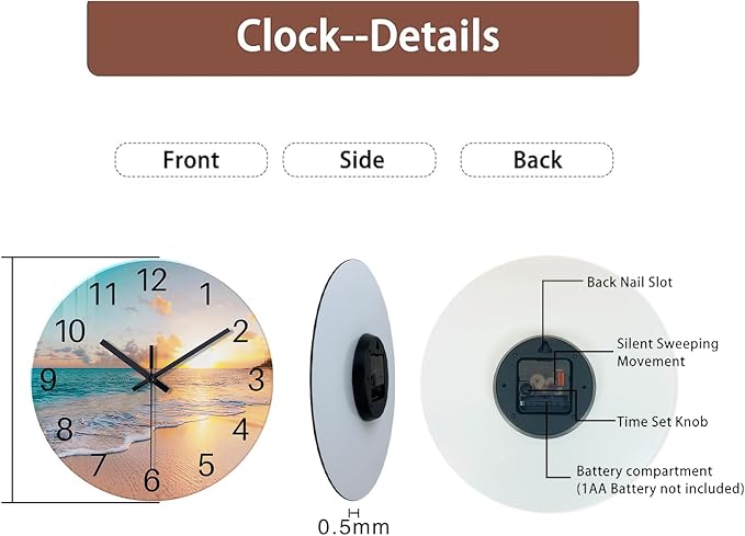 Blue Beach Wall Clock Battery Operated 12 Inch | Round Glass Wall Clock Non Ticking Analog Coastal Wall Clocks for Bedroom Living Room Office Kitchen Decor