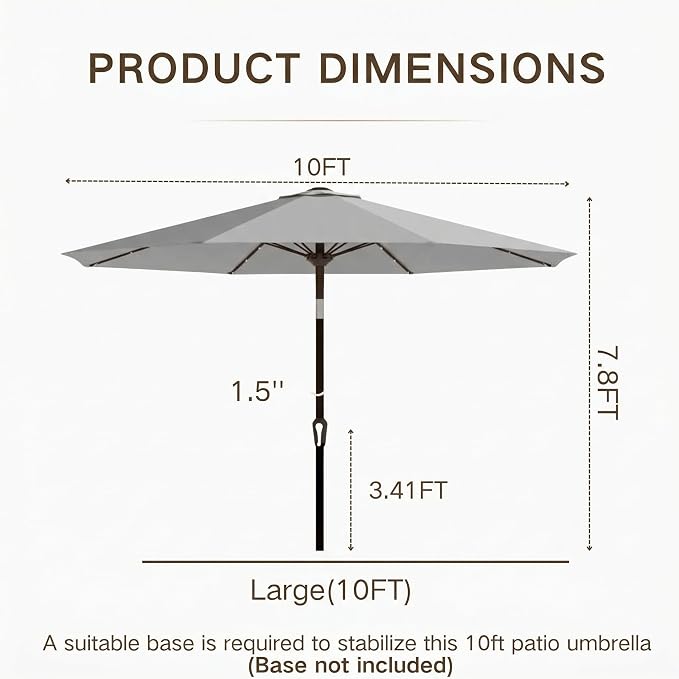 Kingdura 10FT Outdoor Patio Umbrella with Solar Lights, Market Table Umbrella with Push Button Tilt & Crank, 8 Sturdy Ribs, 32 LED Lights, UV Protection for Garden Lawn Deck Backyard Pool (Light grey)