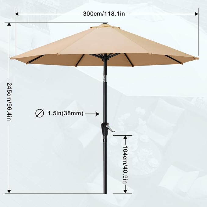MASTERCANOPY 10FT Patio Umbrella with Push Button Tilt and Crank, Outdoor Market Umbrella with 8 Sturdy Ribs, UV Protection & Waterproof for Garden, Deck, Backyard, Pool (Khaki)