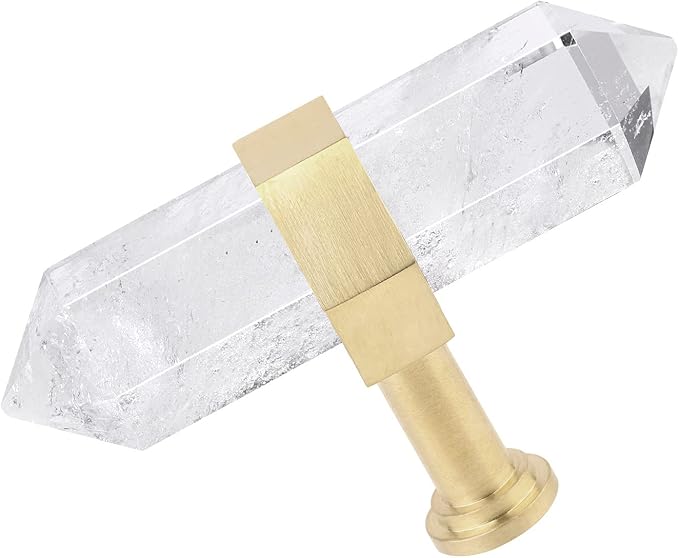 mookaitedecor Set of 2 Rock Quartz Double Crystal Points Drawer Knobs with Screws, Decorative Stone Cabinet Handle Pulls for Dresser Cupboard Kitchen Decor, Brushed Brass