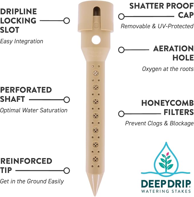 8 in. DEEP DRIP Garden Watering Stake (4 Pack) (Tan) | UV-Protected ABS Plastic Deep Root Irrigation Spike for Flowers, Fruits, Vegetables, Potted Plants