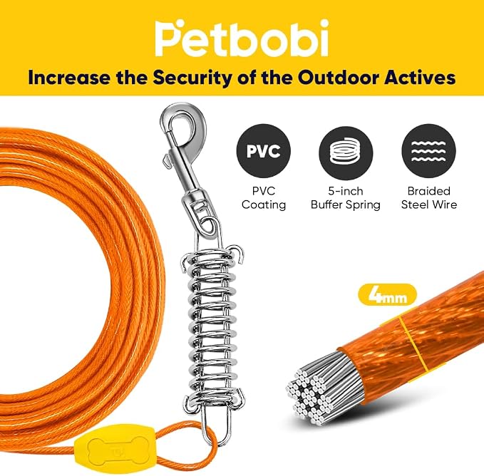 Petbobi Dog Tie-Out Cable and Stake - 40ft Heavy Duty Cable with Spring, No Tangle, 16in Ground Stake, Ideal for Outdoor Yard, Camping, Suitable for Small Medium Large Dogs Up to 120 lbs, Orange