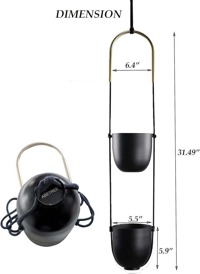 Modern Metal Hanging Planter for Indoor Outdoor Plants with Hook 2 Tier Boho Wall and Ceiling Flower Pots Baskets Holder Home Office Decor(Black)
