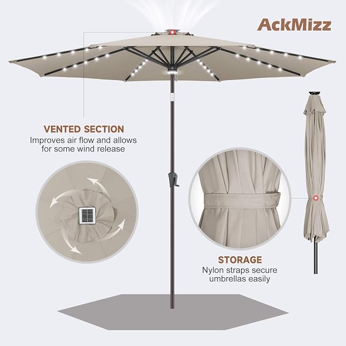 10FT Solar Umbrella Outdoor - Lighted Solar Patio Umbrella with 40 LED Lights Waterproof UV Protection, Table Umbrella with Tilt for Pool, Porch, Garden, Deck, Backyard (Taupe)
