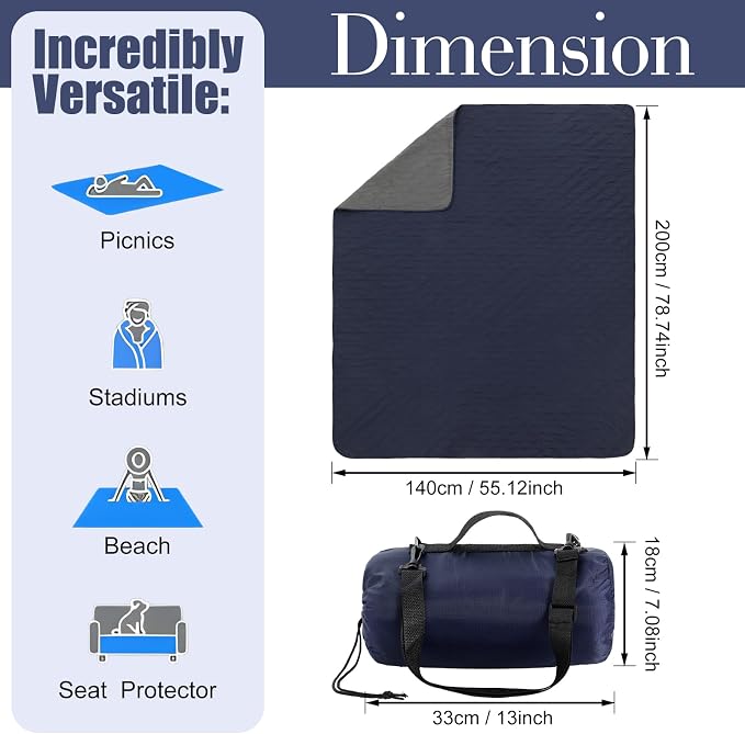 Tranqun 2 Large Outdoor Blanket 78'' x 55'' Quilted Windproof Waterproof Fleece Sandproof Stadium Foldable Warm Blanket for Camping Picnic Sporting Events Cold Weather (Navy Blue)