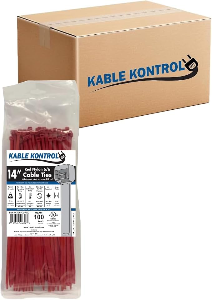 Kable Kontrol Red Zip Ties 14 Inch 6,000 Pcs, 50 Lbs Tensile Strength, Bulk Pack, Self-locking Nylon Colored Cable Ties Wire Wraps for Indoor or Outdoor Use