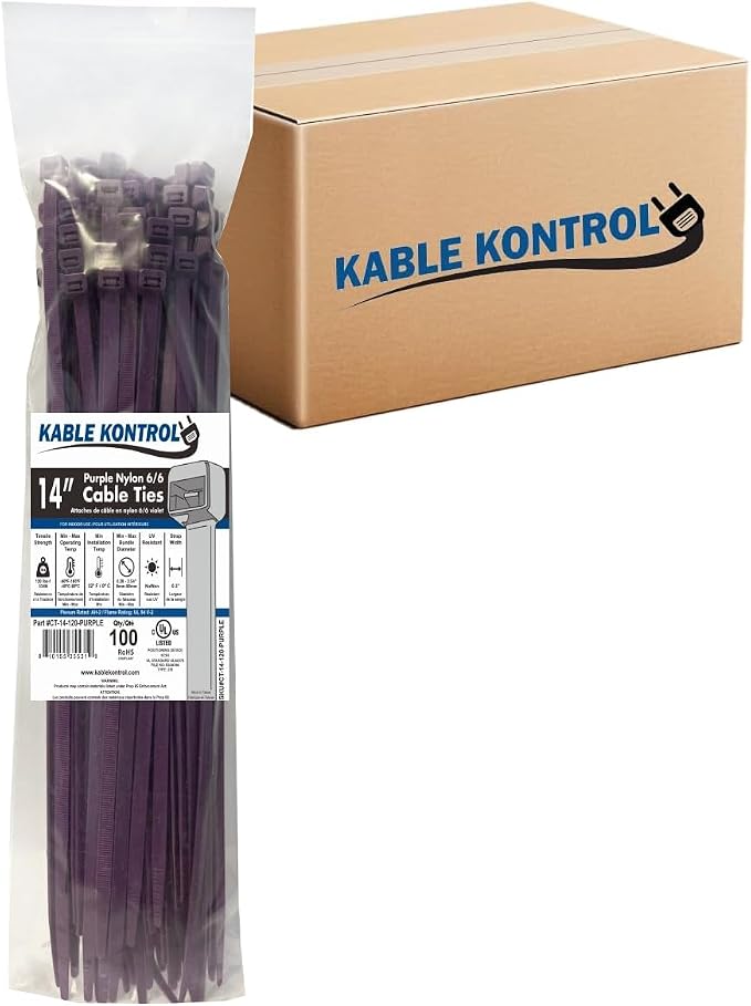 Kable Kontrol Purple Zip Ties Bulk Pack 14 Inch 3500 Pcs, 120 Lbs Tensile Strength, Self-locking Nylon Colored Cable Ties Wire Wraps for Indoor or Outdoor Use