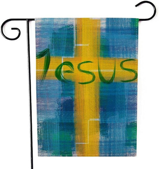 EMMTEEY Easter Garden Flag Double Sided 12.5X18 Inch Yard Decor Garden Flags Jesus Lettering Design Housewarming Modern Blue Yellow Outdoor Garden Flag