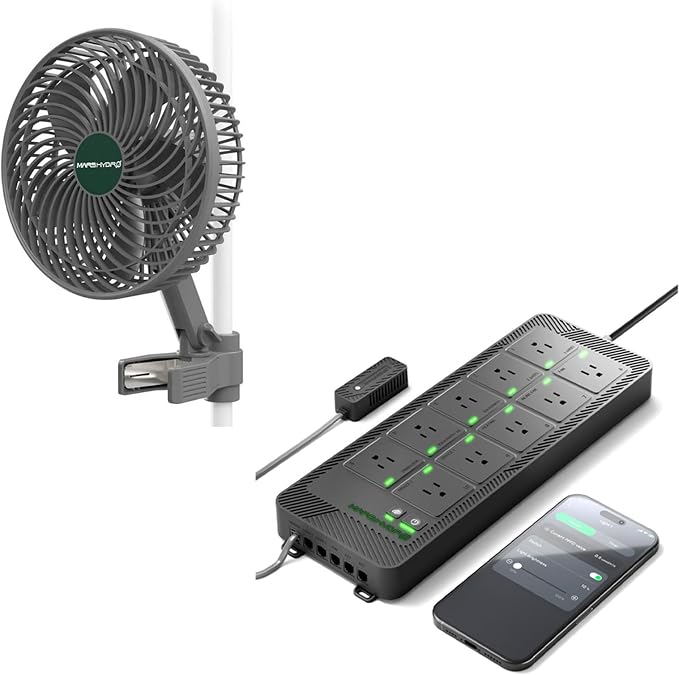 MARS HYDRO M6 Grow Tent Fan, 10 Speeds Powerful Oscillating Clip Fan and iHub-Pro, 10AC Power Strip Kit, 10-Outlet All-in-One Smart Grow Room Hub