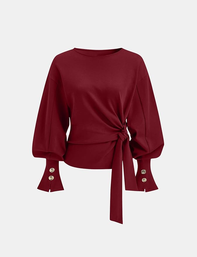 Dsewpaur Twist Knot Tie Front Sweatshirt Tops For Women Long Balloon Sleeve Crew Neck Pullover Casual Fall Outfits