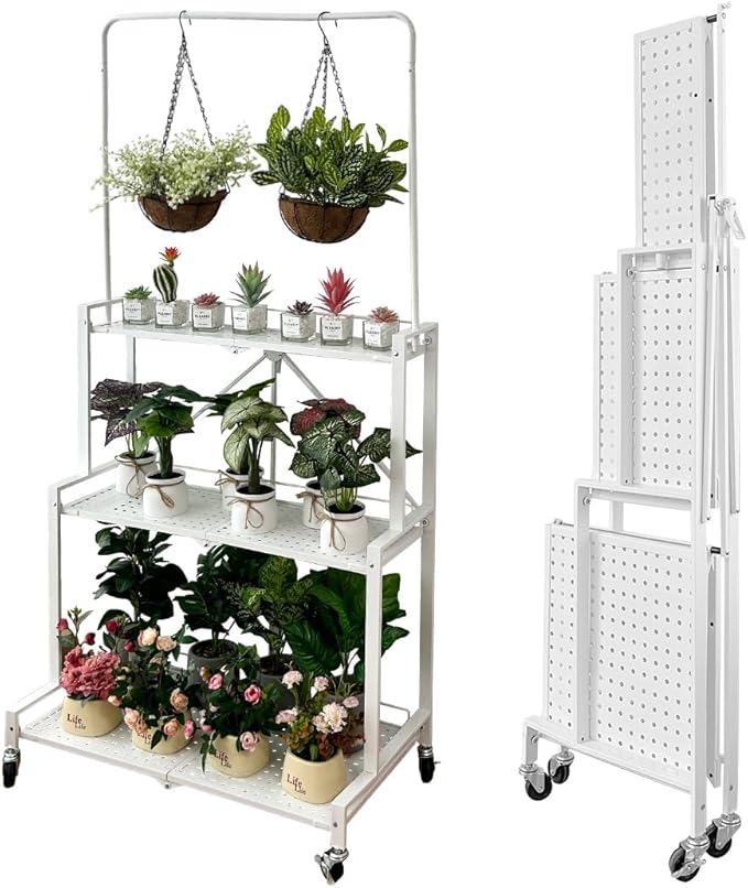 lumizone Foldable 4-Tier Plant Stand With Wheels Indoor Outdoor White | Hanging Plant Shelf No Assembly Required Pot Placement Area Sturdy Fall Prevention Storage Shelf Flower Pot Stand