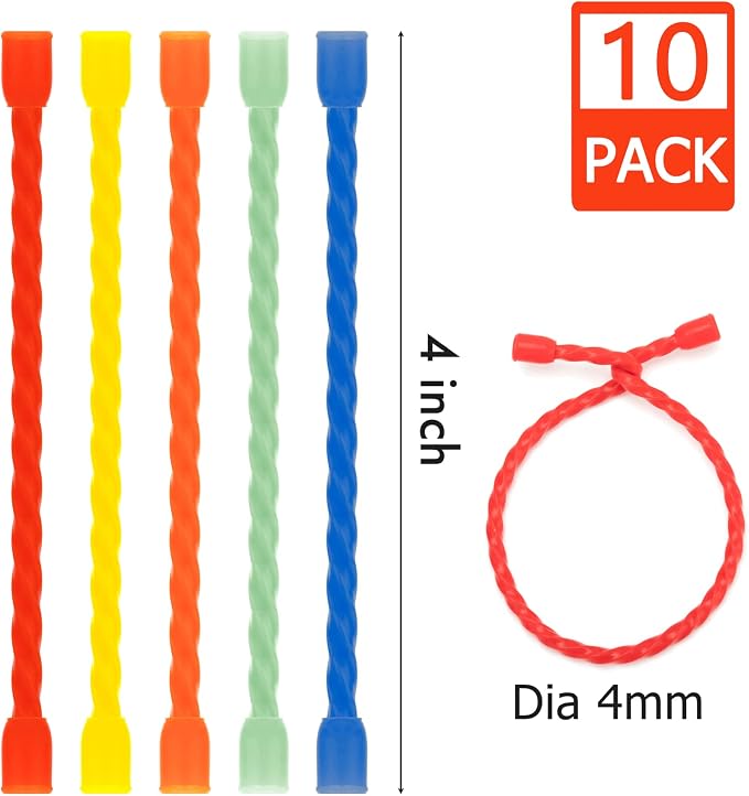 10 PCS 4-Inch Silicone Cable Ties - Reusable Twist Ties Bendable Steel-Core Rubber Cable Ties for Bundling and Holding, All Purpose Cord Tie for Indoor and Outdoor (5 Colors)
