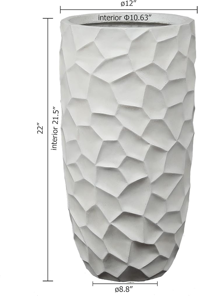 LuxenHome 22" H Concrete Tall Planter, Large Outdoor Indoor Plant Pots with Drainage Hole and Rubber Plug, Modern White Flower Pot for Plants, Geometric Pattern Planter Pots for Home Garden Patio