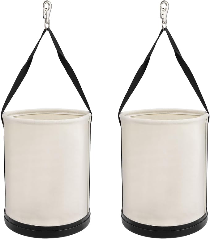 2 Pack Utility Canvas Tool Bucket 15" x 12" All Purpose Canvas Bag,Oval Truck Tool Organizer with Plastic Bottom Metal Hook for Industrial Maintenance Construction Sits