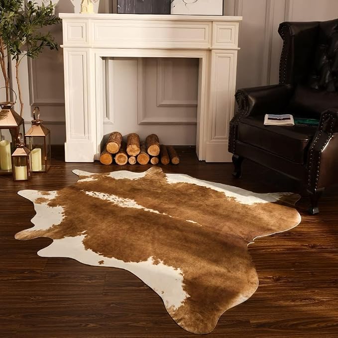 BENRON Faux Cowhide Rug, Cow Print Rug for Living Room Bedroom 5.2x6.2ft | Western cow hide rug for Cowboy Cowgirl Home Decor, Washable Rugs with Irregular Animal Skins and Hides Non Slip, Khaki Brown