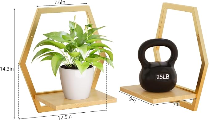 3 Pack Solid Wood & Metal Framework Wall Plant Stands,9 inch Natural Wood Shelf of Indoor,Mid Century Modern Hanging Planter for Outdoor Entryway 25 LB Load for Plants Golden